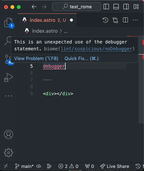 Screenshot of Biome linting in action for an Astro file in VSCode