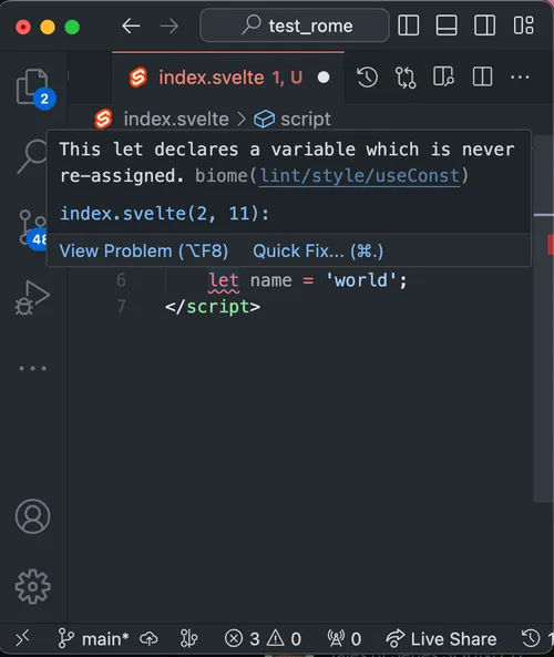 Screenshot of Biome  linting in action for an Svelte file in VSCode