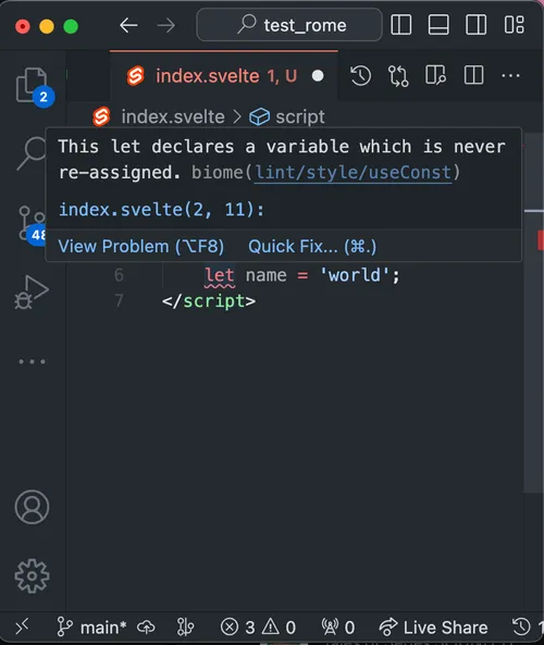 Screenshot of Biome linting in action for an Svelte file in VSCode