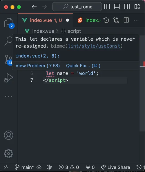 Screenshot of Biome linting in action for an Vue file in VSCode